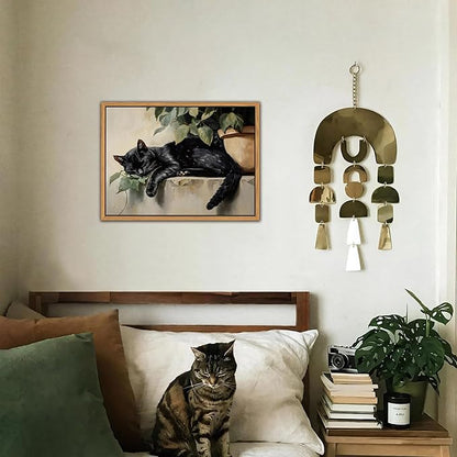 Floating Framed Black Cat Canvas Wall Art, Lazy Cute Cat Wall Decor Paintings, Vintage Animal Plant Prints Poster, Rustic Aesthetic Home Decor for Living room Bedroom Bathroom 16x24 inch