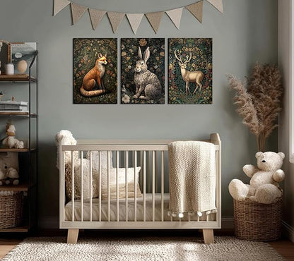 3Pcs Forest Animal Canvas Wall Art Fox Rabbit Deer Painting Pictures Wall Decor Wildlife Animal Posters Prints Dark Gothic Botanical Floral Artwork for Office Bedroom Home Decoration 12x16in