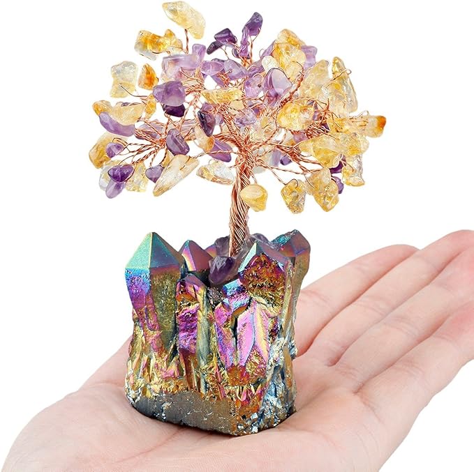 mookaitedecor Citrine & Amethyst Crystal Tree, Quartz Cluster Rainbow Titanium Crystals Base Bonsai Money Tree for Wealth and Luck