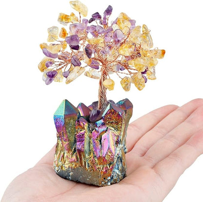 mookaitedecor Citrine & Amethyst Crystal Tree, Quartz Cluster Rainbow Titanium Crystals Base Bonsai Money Tree for Wealth and Luck