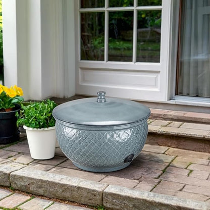Monarch Abode Garden Hose Holder with Lid – Decorative Water Hose Holders for Outside, Diamond Embossed Metal Patina Pot with Drainage, 100ft Waterhose Holder for Outside, Garden Storage Caddy