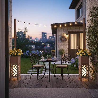 2PCS Outdoor String Light Poles with Planter Box,8.6FT H Posts for Patio String Lights,Decorative Lattice Wood Planter Stand with Bottom Storage Shelf,for Patio Porch Balcony Garden Accent