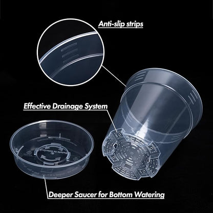 1 Gallon 6 Inch Clear Plastic Plant Pot with Drainage Holes, Interlocking & Detachable Tray - Deep Saucer - Durable BPA-Free Plastic, Transparent Design, Raised Base for Airflow, Set of 6, 92-X-A-6
