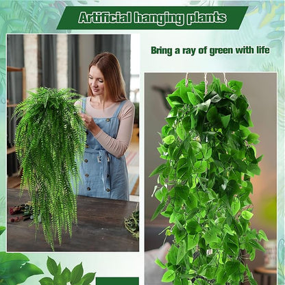 8 Pcs Artificial Hanging Plants Fake Hanging Ferns Plastic Faux Plants for Wall Room Garden Garland Indoor Outdoor Decor No Basket (Boston,Eucalyptus,Ivy Vine,String of Pearls)
