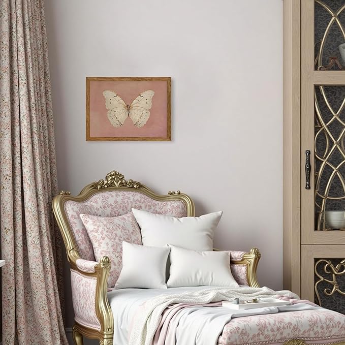 Wojuin Framed Pink Vintage Butterfly Canvas Wall Art, Neutral Moody Insect Farmhouse Wall Decor, Antique White Moth Aesthetic Poster Print for Living Room Bedroom Bathroom Dorm Office 12x16 in