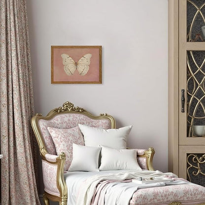 Wojuin Framed Pink Vintage Butterfly Canvas Wall Art, Neutral Moody Insect Farmhouse Wall Decor, Antique White Moth Aesthetic Poster Print for Living Room Bedroom Bathroom Dorm Office 12x16 in