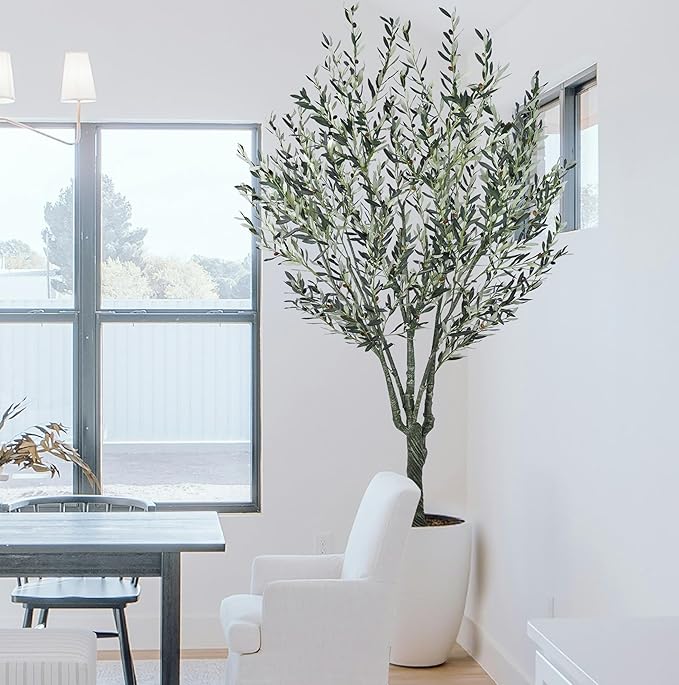 Artificial Olive Tree 8.3FT with 2304 Gray Leaves Realistic Tall Large Faux Silk Deluxe Plant 100 Inch Black Pot for Indoor Home Office Porch Mall School Hotel Modern Decor Housewarming Gift