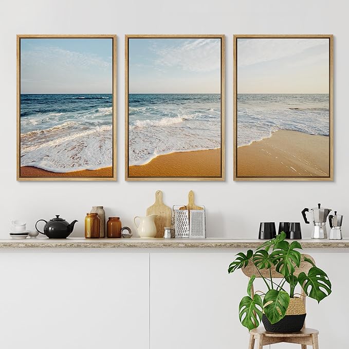 Ashbrook Framed Canvas Print Wall Art Set Tropical Island Coastal Cottage Beach Shore Seascape Nature Wilderness Photography Decorative Nautical Calm/Relax/Cozy for Bedroom - 24"x36"x3 NATURAL
