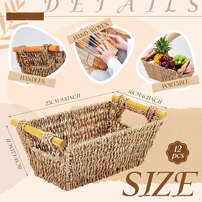 Marsui 6 Pcs Small Hand Woven Wicker Baskets with Wooden Handles, Seagrass Rattan Storage Baskets Bin Organizer Shelf Pantry for Bathroom Storage Towel Kitchen Washroom Gifts Decor, 9" x 6" x 4"
