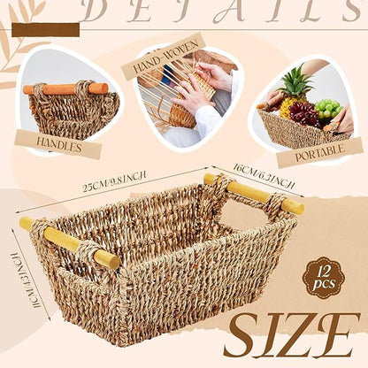Marsui 12 Pcs Small Hand Woven Wicker Baskets with Wooden Handles, Seagrass Rattan Storage Baskets Bin Organizer Shelf Pantry for Bathroom Storage Towel Kitchen Washroom Gifts Decor, 9" x 6" x 4"