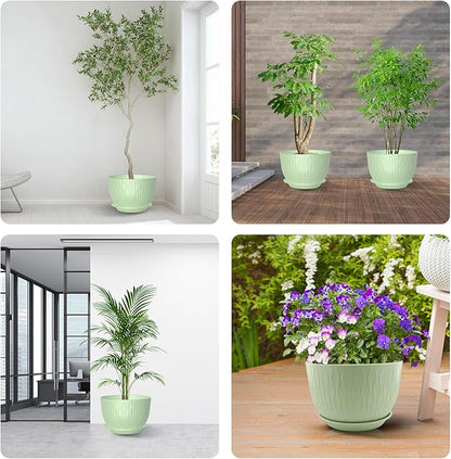 10 inch Large Plant Pots, Flower Pots with Multi-Mesh Drainage Holes and Saucer, Plastic Planters for Indoor and Outdoor Garden Plants (Green, 10")