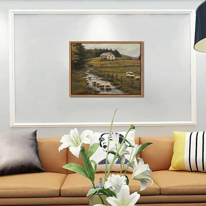 SAMHOU Floating Framed Canvas Wall Art, Vintage French Country Farmhouse Landscape Wall Decor, Rustic Meadow Flock of Sheep Poster Prints Picture for Living Room Bedroom Home Decor 12x16 inch