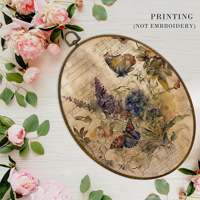 MAQIKA Vintage Butterfly Botanical Oval Framed Wall Art Decor, Butterfly Wall Decor, Wildflower Oval Wall Hanging Decor, Farmhouse Butterflies Canvas Prints Wall Art for Office Bedroom, 8.7x11.3 Inch
