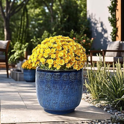 LuxenHome 12" Dia Round Ceramic Plant Pots, Modern Blue Glazed Large Planters Pot for Outdoor Plants with Drainage Hole and Rubber Plug, Decorative Indoor Flower Pots for Home Garden Patio