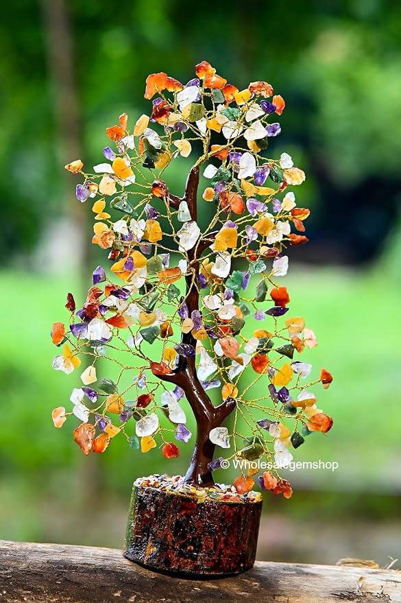 Mix Chakra Crystal Tree with Golden Wire – 7 Chakra Gemstone Bonsai for Energy Healing, Decor & Meditation