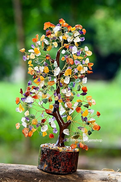 Mix Chakra Crystal Tree with Golden Wire – 7 Chakra Gemstone Bonsai for Energy Healing, Decor & Meditation