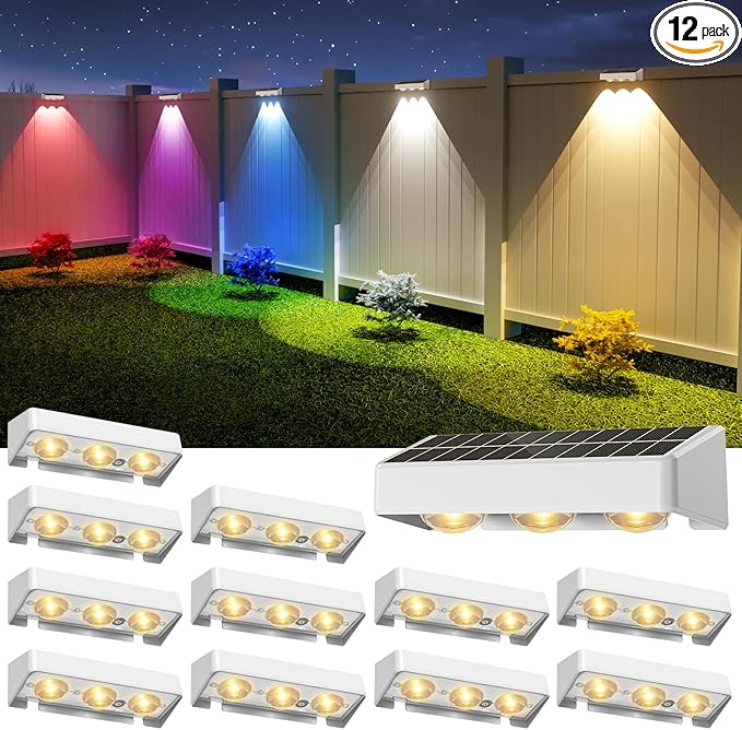 NIORSUN Solar Fence Lights,12 Pack Solars Deck Light,RGB Color,Outdoor Bulb Waterproof Led IP65,Outdoor Fence Light,Power Patio Lamp with Lenses for Outside/Backyard/Railing/Yard(White)