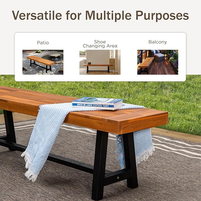 PHI VILLA Outdoor Acacia Wood Bench, 63" Long Patio Wooden Picnic Bench for 3 People, Backless Oil Finished Teak Furniture for Garden, Porch, Yard