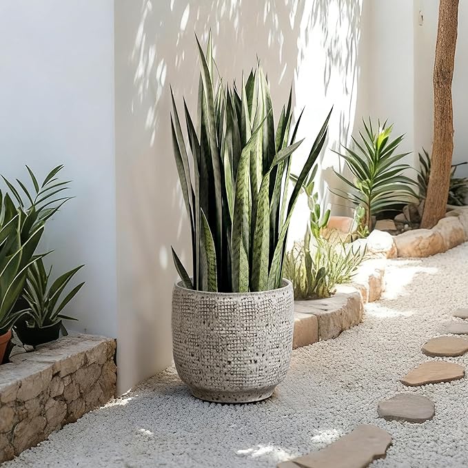 LuxenHome 12-Inch Large Ceramic Pots for Plants, Modern Gray Grid-Pattern Glazed Ceramic Planters Pots for Outdoor Plants with Drainage Hole and Plug, Round Indoor Flower Pot for Home Garden Patio