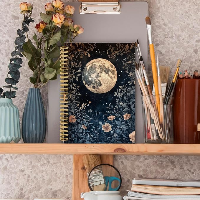 XPH Vintage Floral Moon Spiral Notebook, Dark Cottagecore Botanical Flower Journaling Notebooks for Women, Floral Aesthetic Hardcover Journals for Writing 160 Pages 5.5 x 8.3 Inch, Moon Gifts