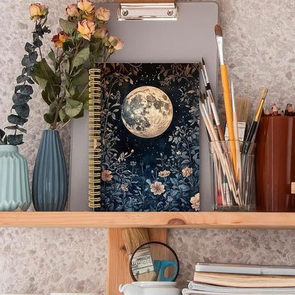 XPH Vintage Floral Moon Spiral Notebook, Dark Cottagecore Botanical Flower Journaling Notebooks for Women, Floral Aesthetic Hardcover Journals for Writing 160 Pages 5.5 x 8.3 Inch, Moon Gifts