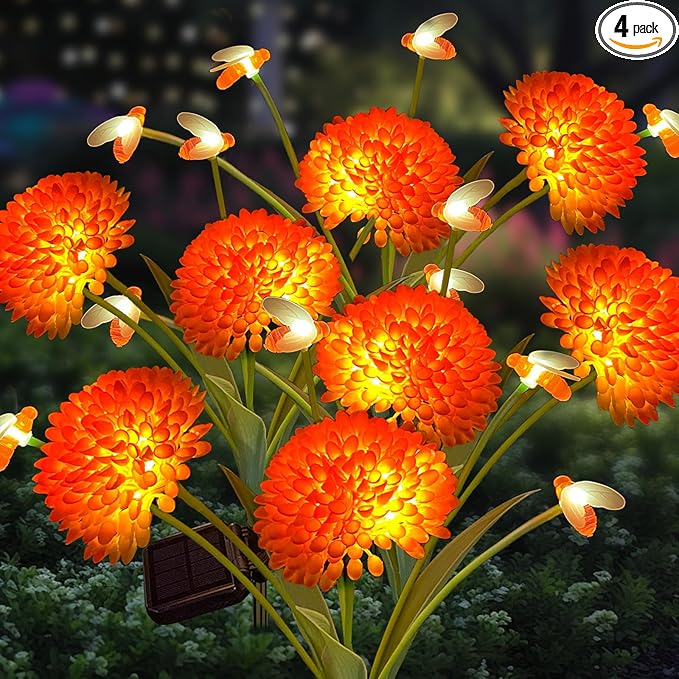 Solar Garden Lights, 4 Pack Solar Swaying Bee Lights with Flowers, Waterproof Firefly Light Outdoor for Garden Patio Yard Pathway Fall Decoration Gifts for Women Mother's Day