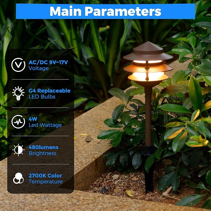 Gardencoin Pagoda Low Voltage Landscape Pathway Lights, 12V Outdoor LED Path Lights Wired, Aluminum Walkway Lighting with 4W 2700K Replaceable G4 Bulb, Bronze Classic 3-Tier Lantern, 6 Pack