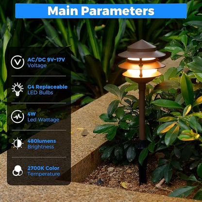 Gardencoin Pagoda Low Voltage Landscape Pathway Lights, 12V Outdoor LED Path Lights Wired, Aluminum Walkway Lighting with 4W 2700K Replaceable G4 Bulb, Bronze Classic 3-Tier Lantern, 6 Pack