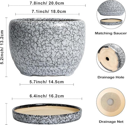 SQOWL 8 inch Plant Pot - Ceramic Planter with Drainage Hole and Saucer, Round Flower Pot for Indoor Plants, Decorative Planter Outdoor, Patio Balcony Decor, House Warming Gifts, Black and White