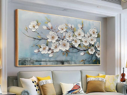 Anolyfi Framed Large Cherry Blossom Textured Flowers Wall Art for Living Room Canvas Painting, Modern Elegant Landscape Artwork for Bedroom Hallway Kitchen Office Home Decor, Wood Framed 40"x20"