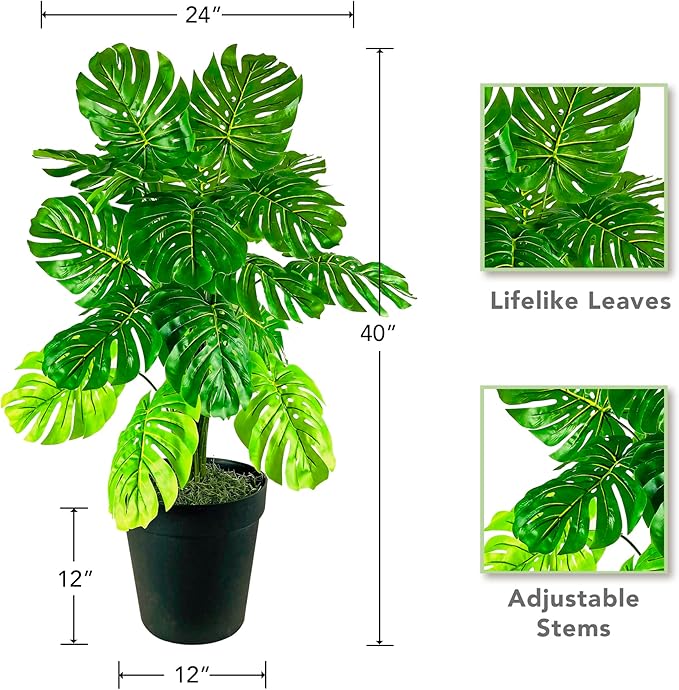 3.3ft Faux Monstera Deliciosa - Realistic Fade Resistant Foilage, No Maintenance, Large Indoor Artificial Plant in Black Pot - Living Room, Home & Office Decor