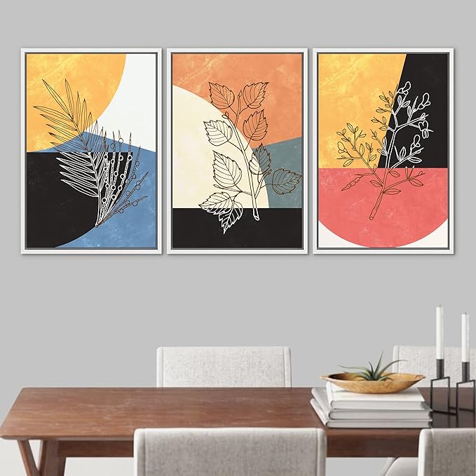 Ashbrook Framed Wall Art Print Set Geometric Mid-Century Color Block Plant Silhouettes Abstract Nature Illustrations Modern Art Boho Colorful for Living Room, Bedroom, Office - 24"x36"x3 White