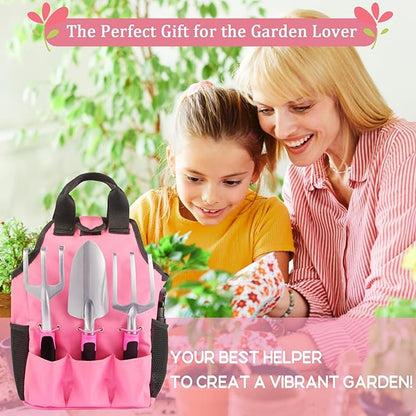 Covacure Gardening Tool Set - 11 Piece Aluminum Alloy Steel Hand Tool Starter Kit with Garden Bag, Outdoor Tool, Heavy Duty Gardening Work Set, Gardening Tools Gift for Women and Men（Pink）