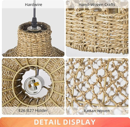 Arturesthome Rattan Pendant Light Woven Chandelier Handwoven Boho Coastal Pendant Lighting Rattan Basket Ceiling Hanging Light for Dining Room Living Room D 11.8″* 15.7″