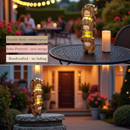 12 Inch Highland Cow Statue Solar Outdoor Decor for Yard Patio Front Door, Farmhouse Porch Decoration Animal Cattle with Led Welcome Sign Flowers Light, Home Ornaments for Outside, Mom's Gifts