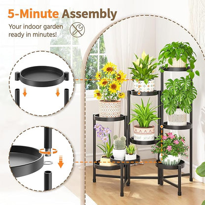 LASZOLA 8 Tiered Folding Tall Plant Stand Indoor for Multiple Large Planter, Heavy Duty Metal Adjustable Flower Rack for Narrow Corner, Sturdy Vertical Spiral Shelving Holder for Modern House, Black