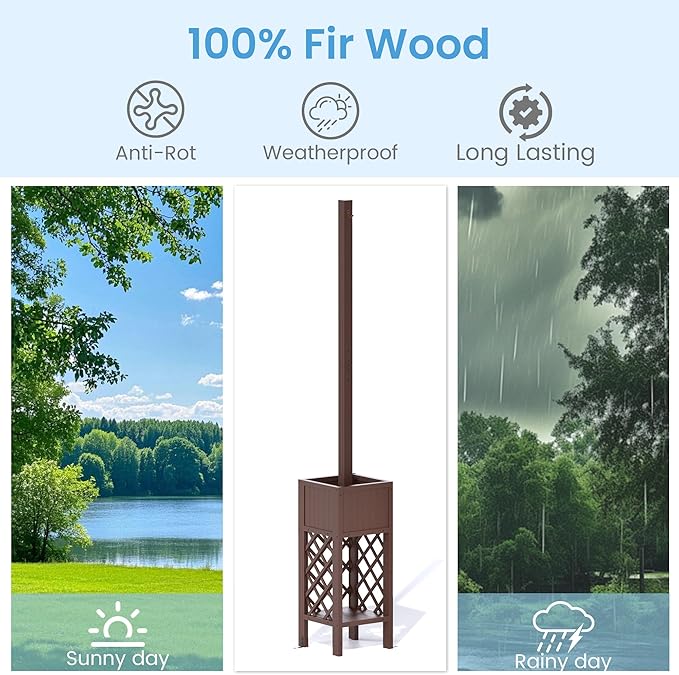 2PCS Outdoor String Light Poles with Planter Box,8.6FT H Posts for Patio String Lights,Decorative Lattice Wood Planter Stand with Bottom Storage Shelf,for Patio Porch Balcony Garden Accent
