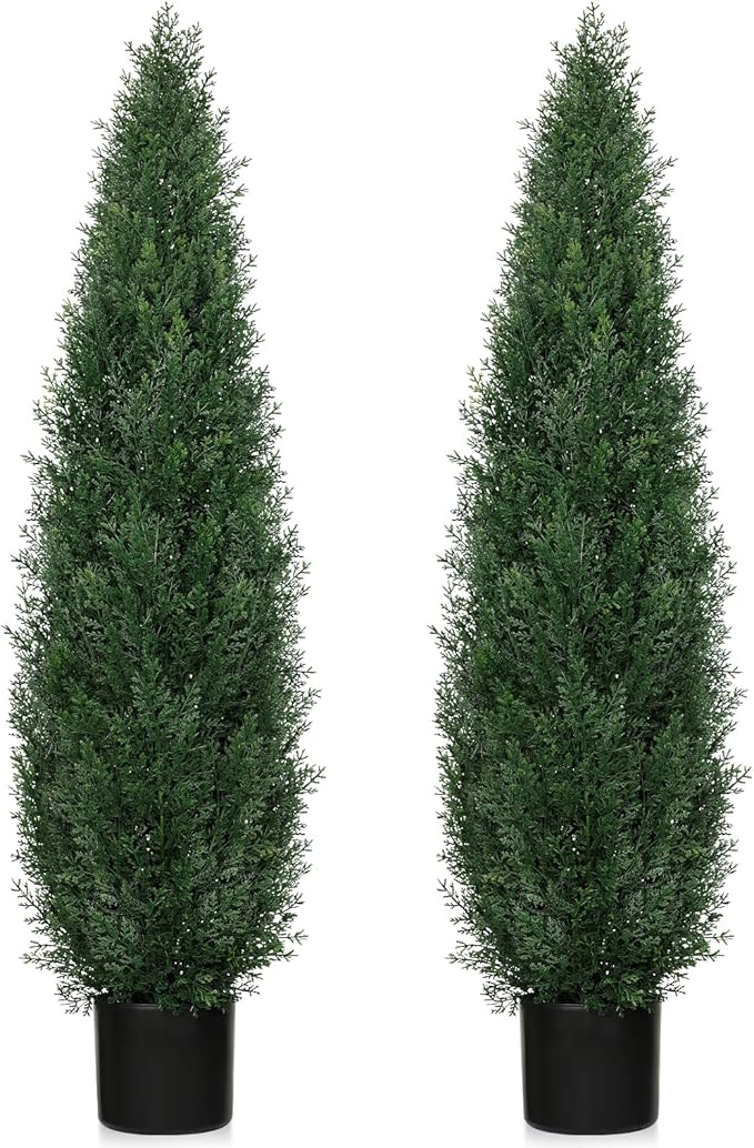 4FT UV Resistant Artificial Cedar Topiary Trees, Potted Faux Cypress Shrubs for Outdoor & Indoor Decor, Realistic Evergreen Fake Plants for Front Porch, Patio, Home, Office, or Garden, Set of 2