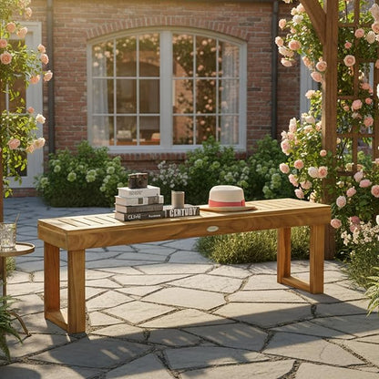 Tangkula 52” Outdoor Acacia Wood Garden Bench, Patio Wood Dining Bench with Slatted Seat, Wooden Backless Bench for Outdoors & Indoors, Outside Bench for Entryway, Deck, Poolside, Yard & Porch
