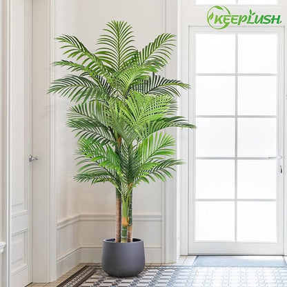 6ft Tall Triple Golden Cane Palm Artificial Tree Large Tropical Palm Tree UV Resistant Fake Plant in Pot for Indoor Outdoor Big House Living Room Outside Patio Office Home Decor 1Pack