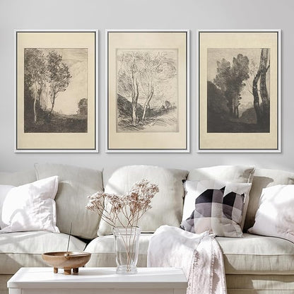 Ashbrook Framed Canvas Print Wall Art Set Fine Art Country Farmhouse Decor Landscapes Duotone Nature Wilderness Illustrations Floral Botanical Calm/Relax/Cozy for Bedroom - 24"x36"x3 WHITE