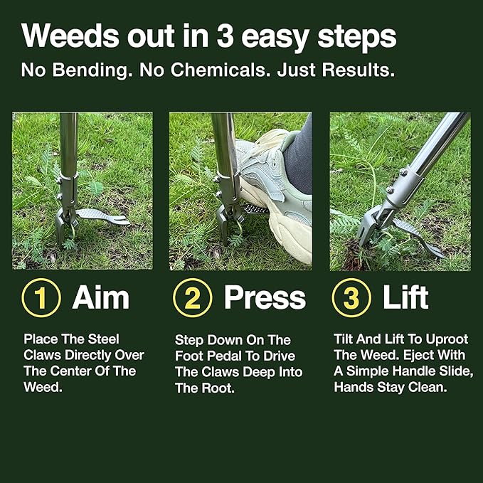 YYMIYU 52" Stand Up Weed Puller Tool – 4-Claw Stainless Steel Weeder with Grass-Pushing & Weed-Ejection Design – Heavy-Duty 0.8mm Steel Handle for Effortless Root Removal