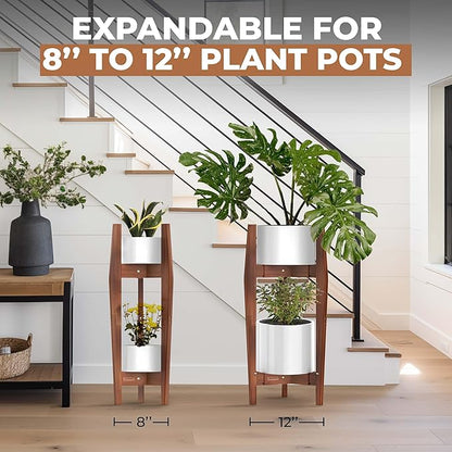 ROCCA 2-Tier Adjustable Width 8" to 12" Stackable Bamboo Tall Plant Stand Indoor, Corner Wood Plant Stand, Wooden Plants Holder, Plants Stands Indoor, Modern Pedestal Tables for Multiple Pots