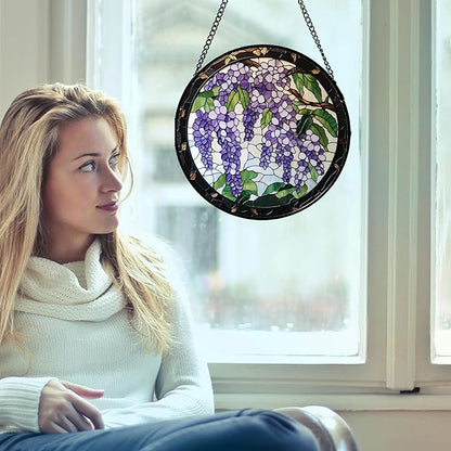 Stained Glass Window Hanging - Wisteria Flower Tree Suncatcher for Doors Garden Patio Plant Sun Catchers Decor Christmas Mother's Day Birthday Gifts for Women Men Mom Nana Friend 15 in