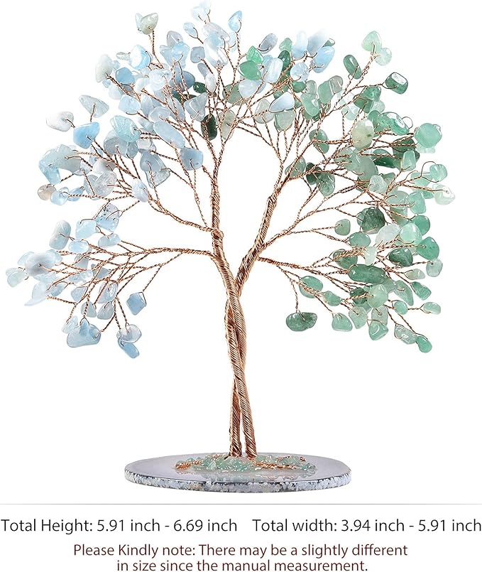 mookaitedecor Handmade Green Aventurine & Aquamarine Crystal Tree with Agate Slice Base, Bonsai Money Tree of Life for Wealth and Luck, Feng Shui Home Decor