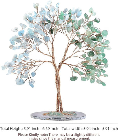 mookaitedecor Handmade Green Aventurine & Aquamarine Crystal Tree with Agate Slice Base, Bonsai Money Tree of Life for Wealth and Luck, Feng Shui Home Decor