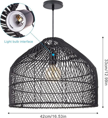 Arturesthome Black Rattan Pendant Lights Lampshade, Wicker Boho Chandelier for Kitchen Island Dining Room Entryway Foyer W 16.5"* H13