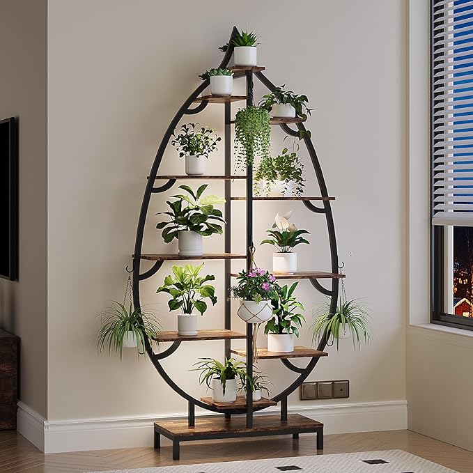 VINGLI 63″ Leaf-Shaped 10-Tier Metal Plant Stand with 5 Full-Spectrum LED Grow Lights, Tall Indoor Tiered Plant Shelf for Multiple Plants, Decorative & Functional Rack, Black