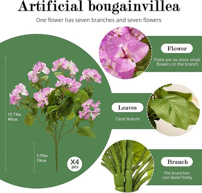 4 Pcs Artificial Flowers Bougainvillea Outdoor Artificial Plants Faux Flowers with Stems Silk Flowers for Wedding Porch Living Garden Decor Without Vase (4PCS,White Purple)