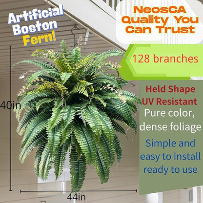 Giant Artificial Boston Ferns for Outdoors Large,Uv Resistant Lifelike Artificial Plants Large,Faux Fern Silk Ferns That Look Real,Fake Fern for Outside Lifelike 128 Branches